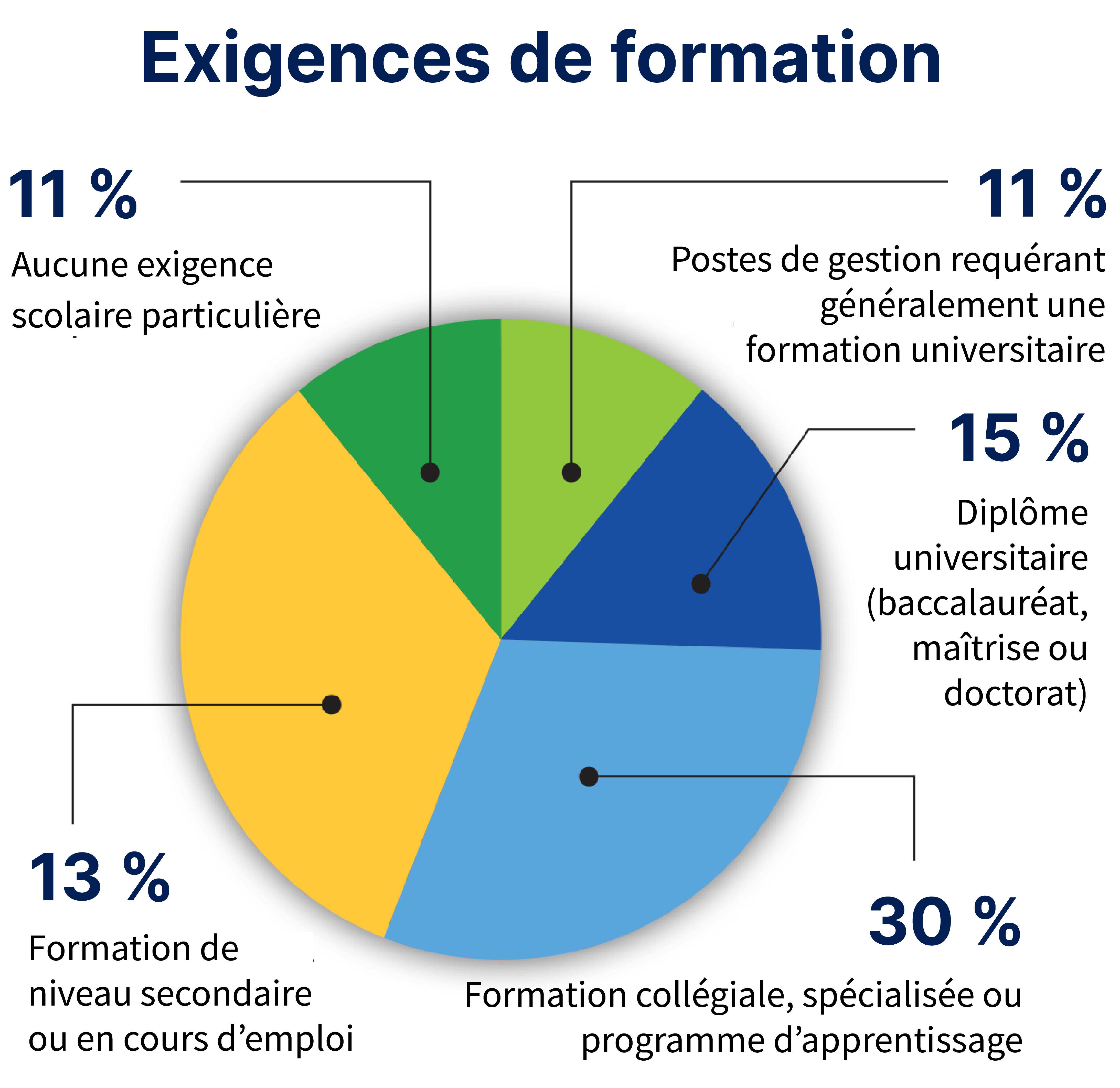 Exigences de formation : 11 % -- Aucune exigence scolaire particulière; 11 % -- Postes de gestion requérant généralement une formation universitaire; 15 % -- Diplôme universitaire (baccalauréat, maîtrise ou doctorat); 33 % -- Formation de niveau secondaire ou en cours d’emploi; 30 % -- Formation collégiale, spécialisée ou programme d’apprentissage